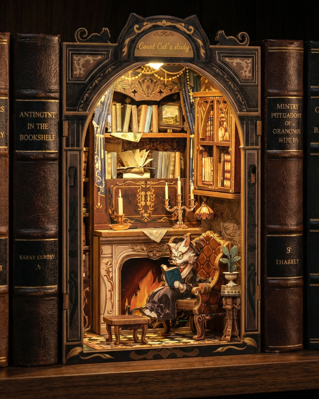 Cat Study Book Nook Kit | DIY Miniature Bookshelf Insert for Cozy Reading Corners